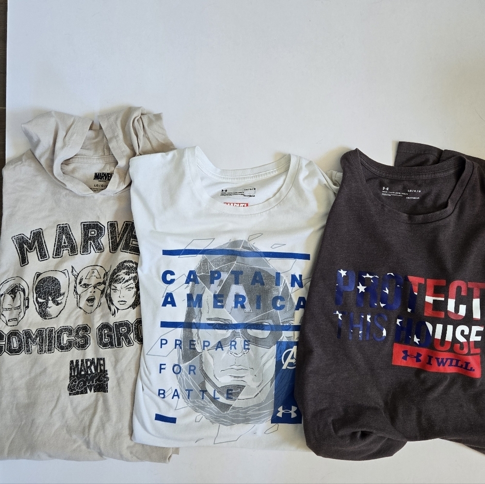 Under Armoir/ Marvel Large shirt bundle short long sleeve hood america military